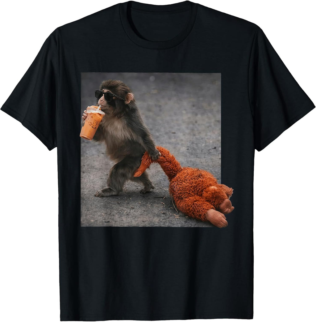 Retro Baby Monkey Punch Drinking Iced Coffee T-Shirt