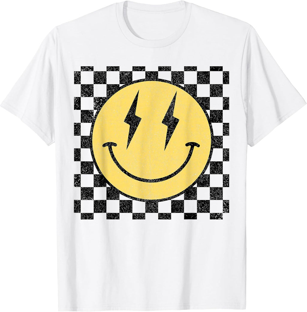 Retro Happy Face Shirt Checkered Pattern Smile Face Trendy T-Shirt
