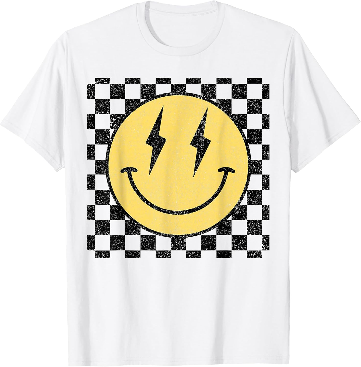 Retro Happy Face Shirt Checkered Pattern Smile Face Trendy T-Shirt
