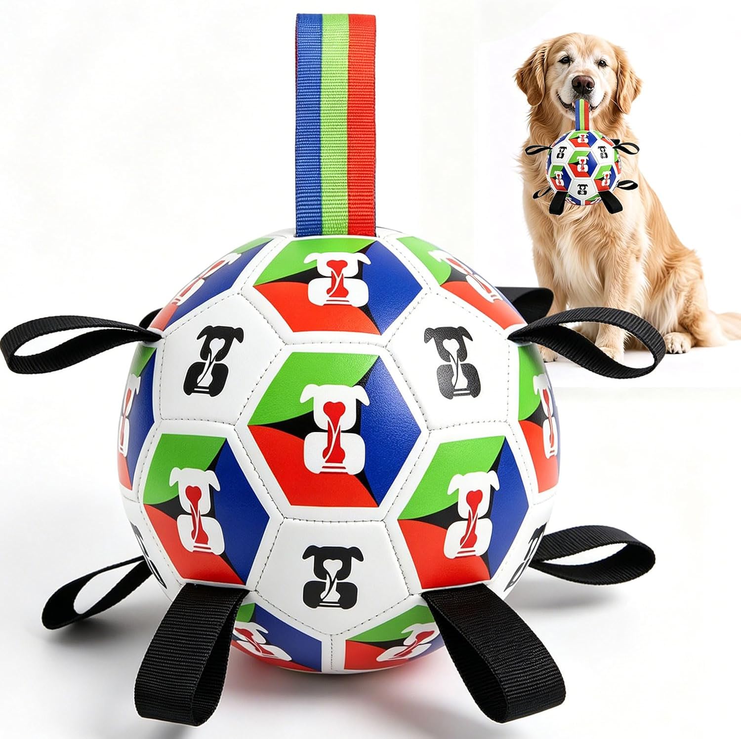 Rensh Interactive Dog Toys World Cup Soccer Balls, 6 Inch | Tough Dog Balls, Small Medium Pet (20–40 lbs), Straps for Training, Indoor and Outdoor, Waterproof Water Toys, Come With Pump