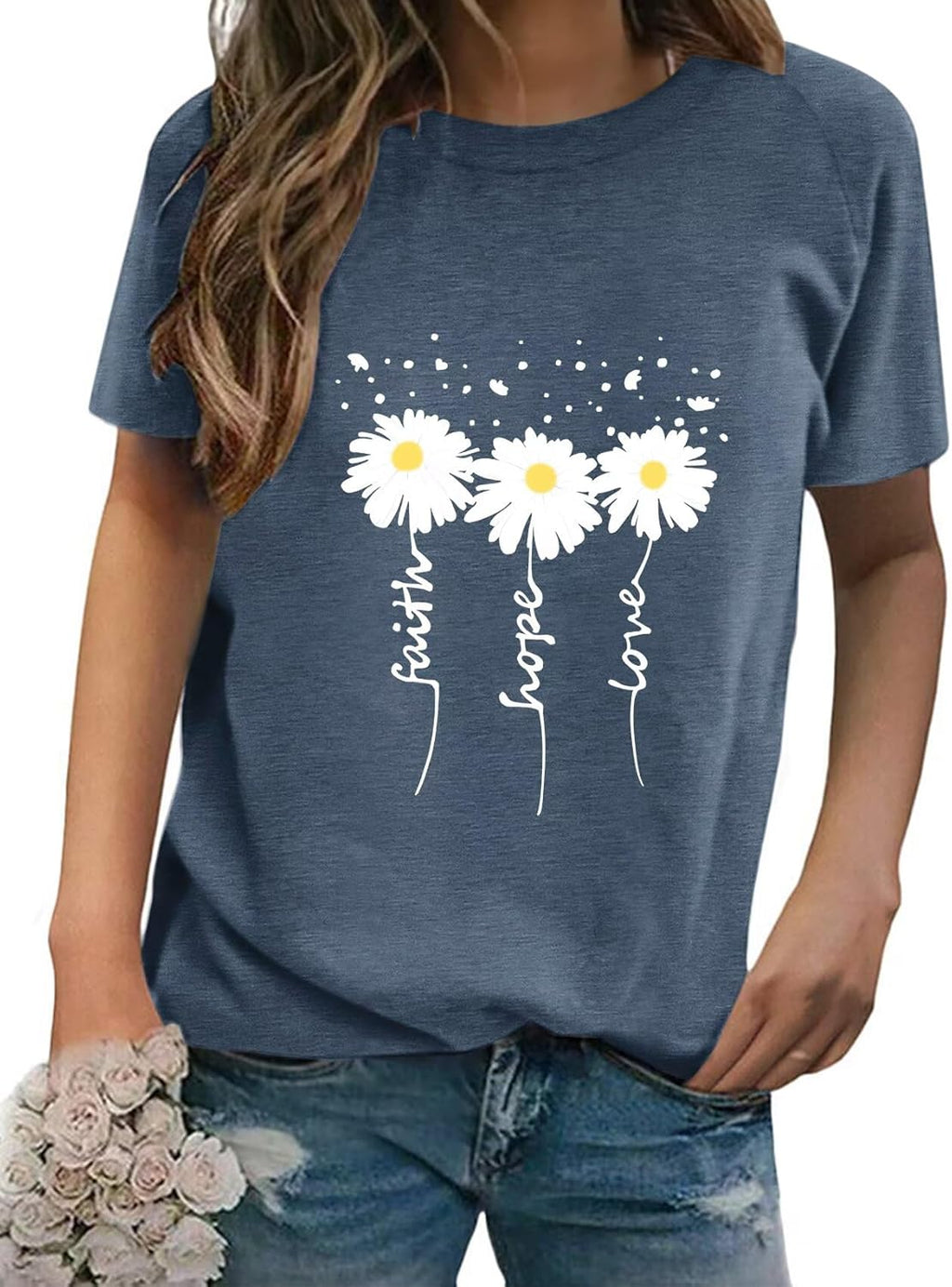 Women Crewneck Daisy Print Short Sleeve T-Shirts Summer Faith-Hope-Love Tees Loose Fit Graphic Tops 2026
