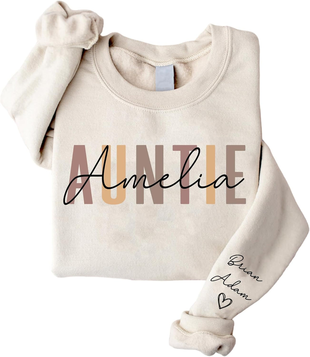 Personalized Auntie Name Sweatshirt, Custom Auntie with Kids Names On Sleeve, Aunt Sweatshirt, Aunt Gift, Christmas Shirt for Women, Gift for Mothers Day Womens Day Birthday