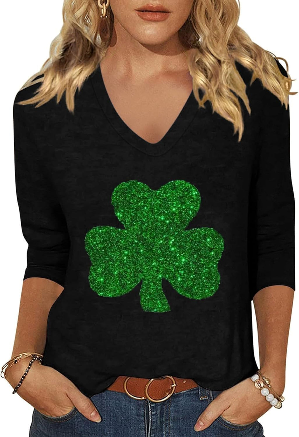 Womens 3/4 Sleeve V Neck Valentine T Shirts Love Heart Printed Graphic Tee Tops