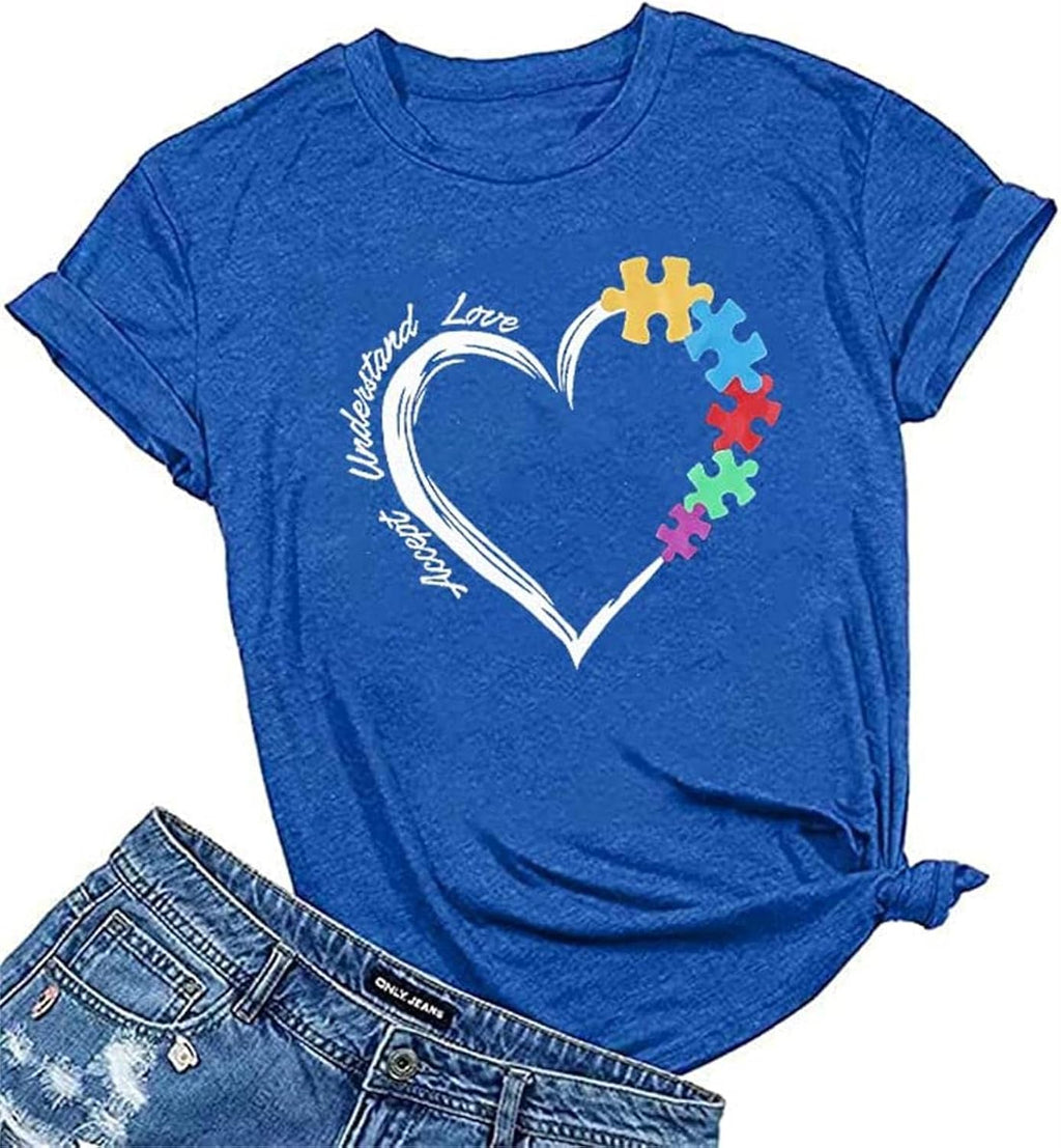 Autism Shirt Women Autism Awareness Tee Accept Understand Love T-Shirt Casual Short Sleeve Graphic Tee Tops