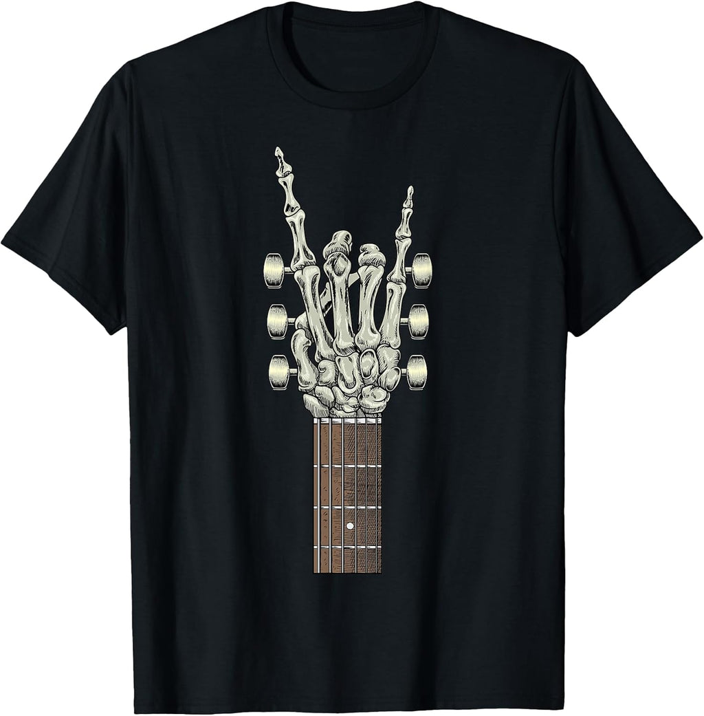 Rock On Skeleton Hand Guitar Gifts Men Graphic Tee Rock Band T-Shirt