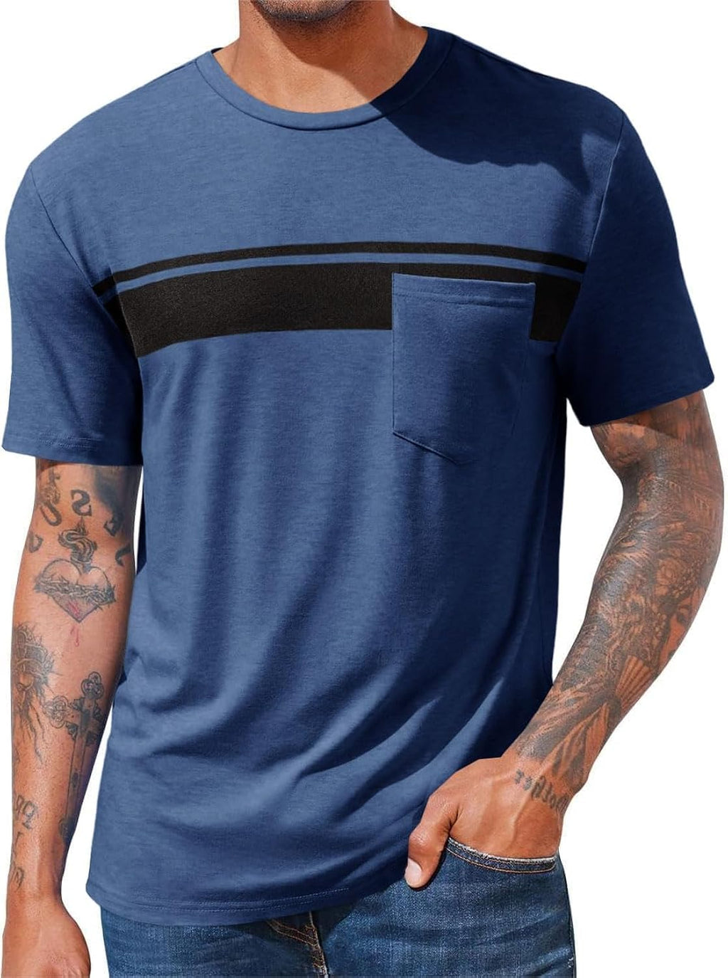 Men's Casual T-Shirt Short Sleeve Regular Fit Crewneck Tee Summer Graphic Tops with Pocket