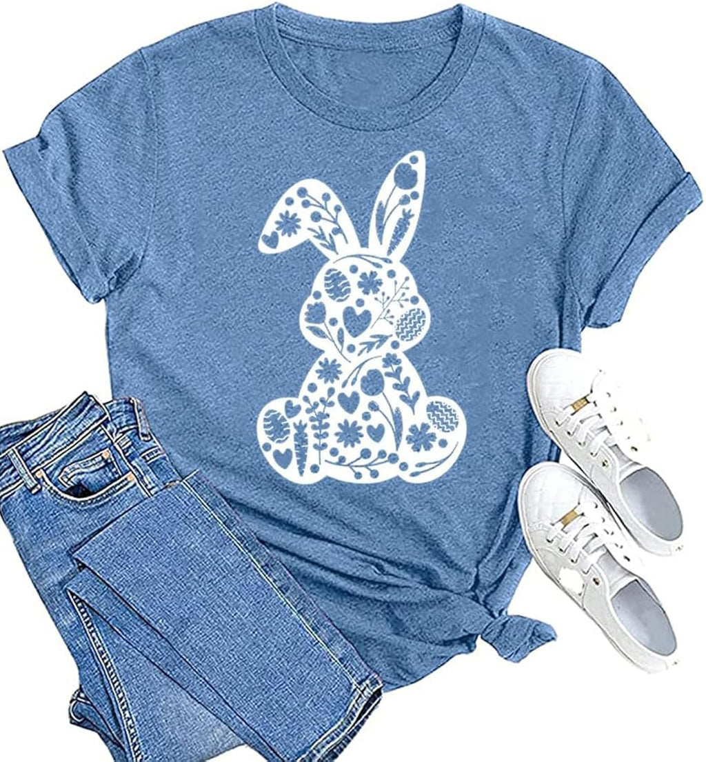 Easter Various Bunny Shirts for Women Easter Egg Leopard Bunny Graphic Tee Spring Cute Tops, Large