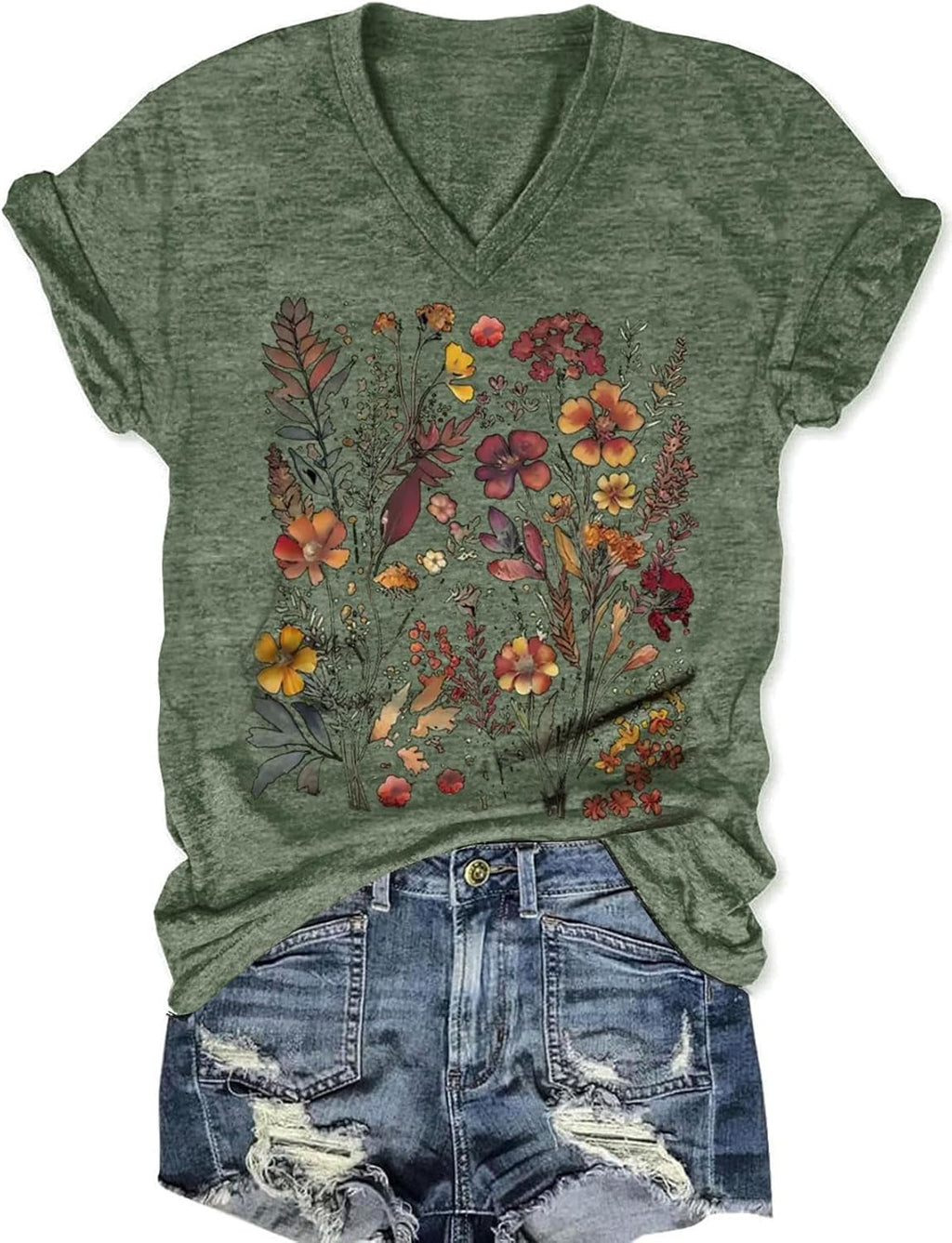 Women's T-Shirts V-Neck Boho Flowers Wildflowers Graphic Tees Shirts Cute Casual Summer Tops Short Sleeve T Shirt
