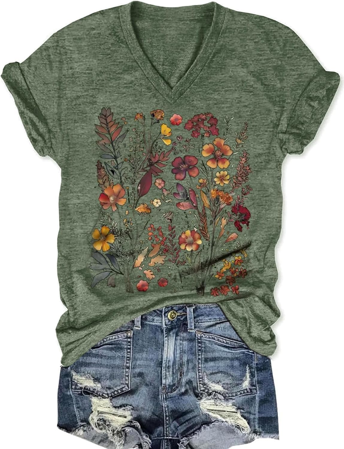 Women's T-Shirts V-Neck Boho Flowers Wildflowers Graphic Tees Shirts Cute Casual Summer Tops Short Sleeve T Shirt