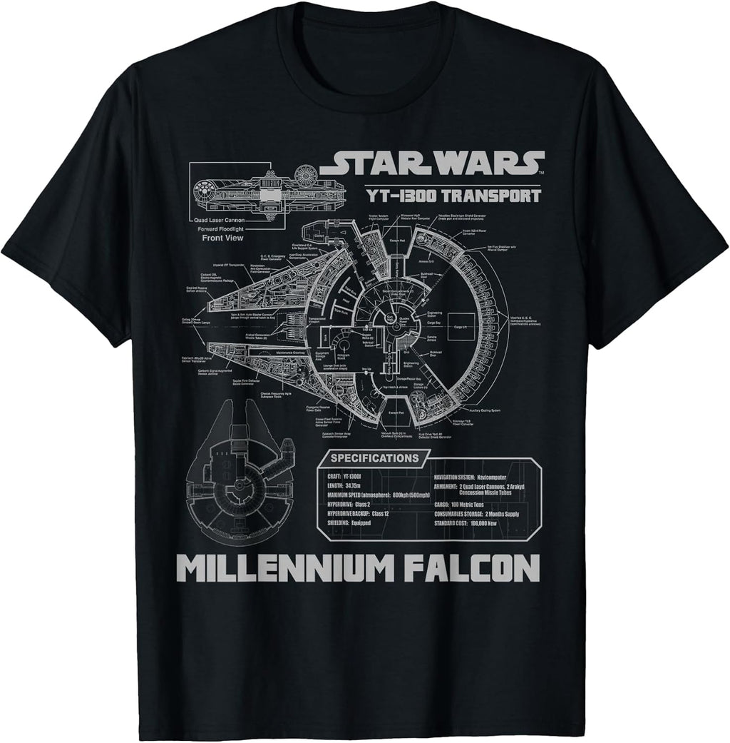 Millennium Falcon Grey Schematics Graphic T-Shirt T-Shirt