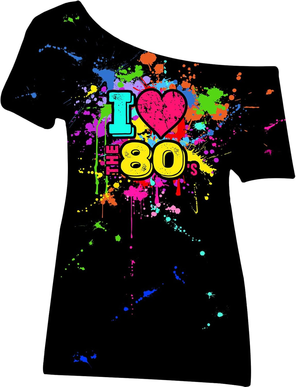80s Outfit for Women Plus Size I Love The 80's Costumes 80s Off Shoulder T-Shirt Tops Neon Clothes Oversized (Black,Large)