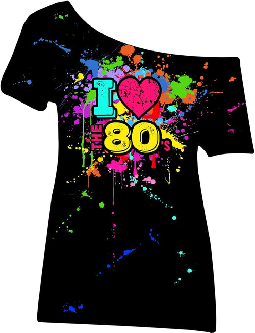 80s Outfit for Women Plus Size I Love The 80's Costumes 80s Off Shoulder T-Shirt Tops Neon Clothes Oversized (Black,Large)