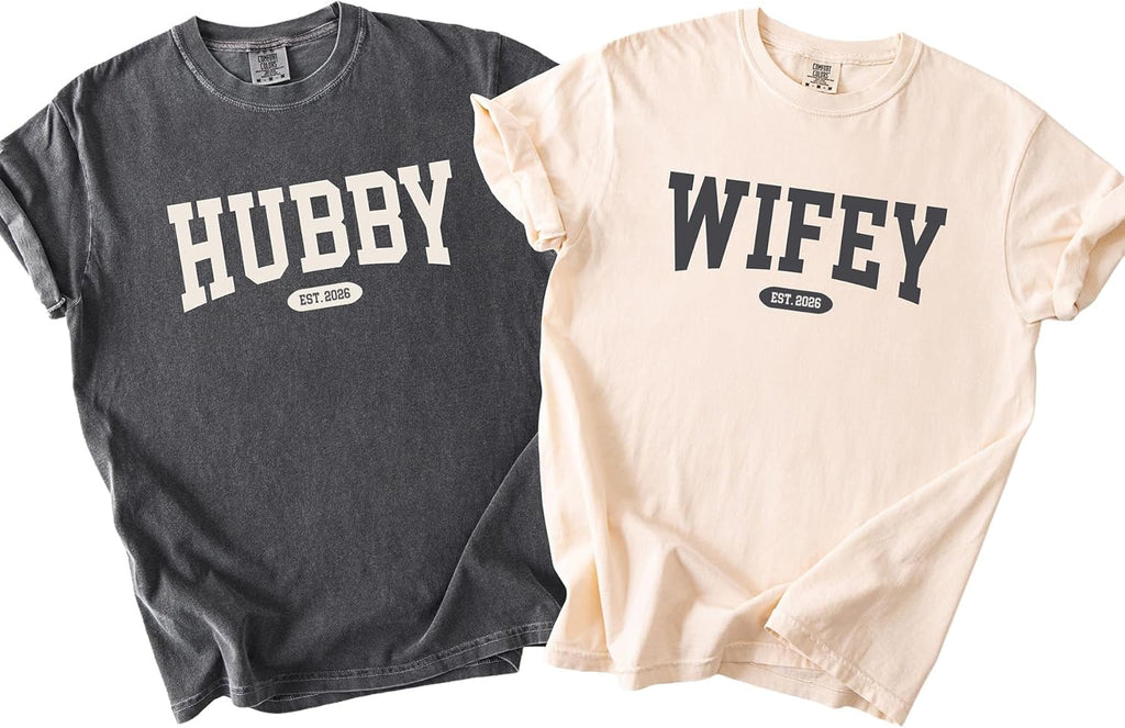 Custom Hubby and Wifey Sweatshirts Hoodies Tshirts Comfort Colors® for Valentines Day Matching Couples Wedding Gifts