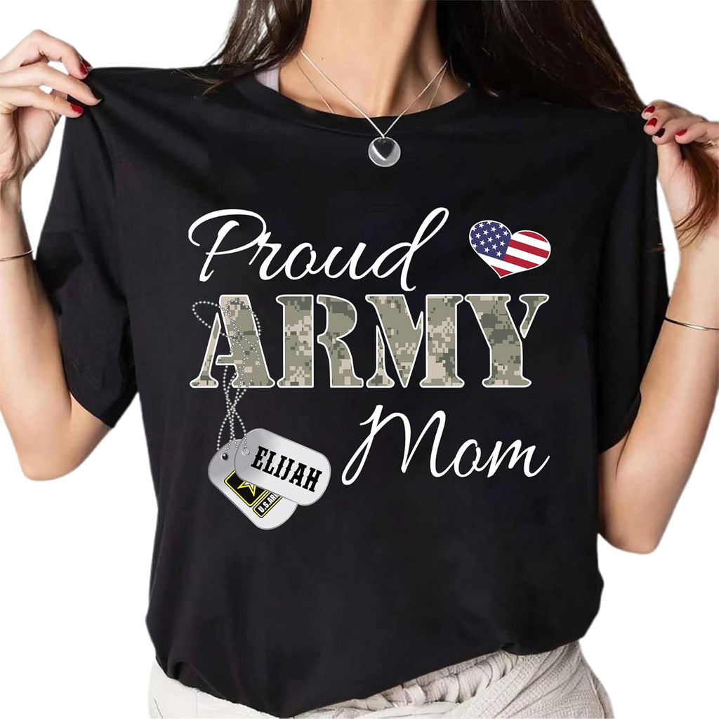 Personalized Proud Army Mom Shirt for Women, Army Mom with Dog Tag T-Shirt, Custom Soldier Name and Family Member Shirt Gift for Military Family Member On Birthday Mothers Day