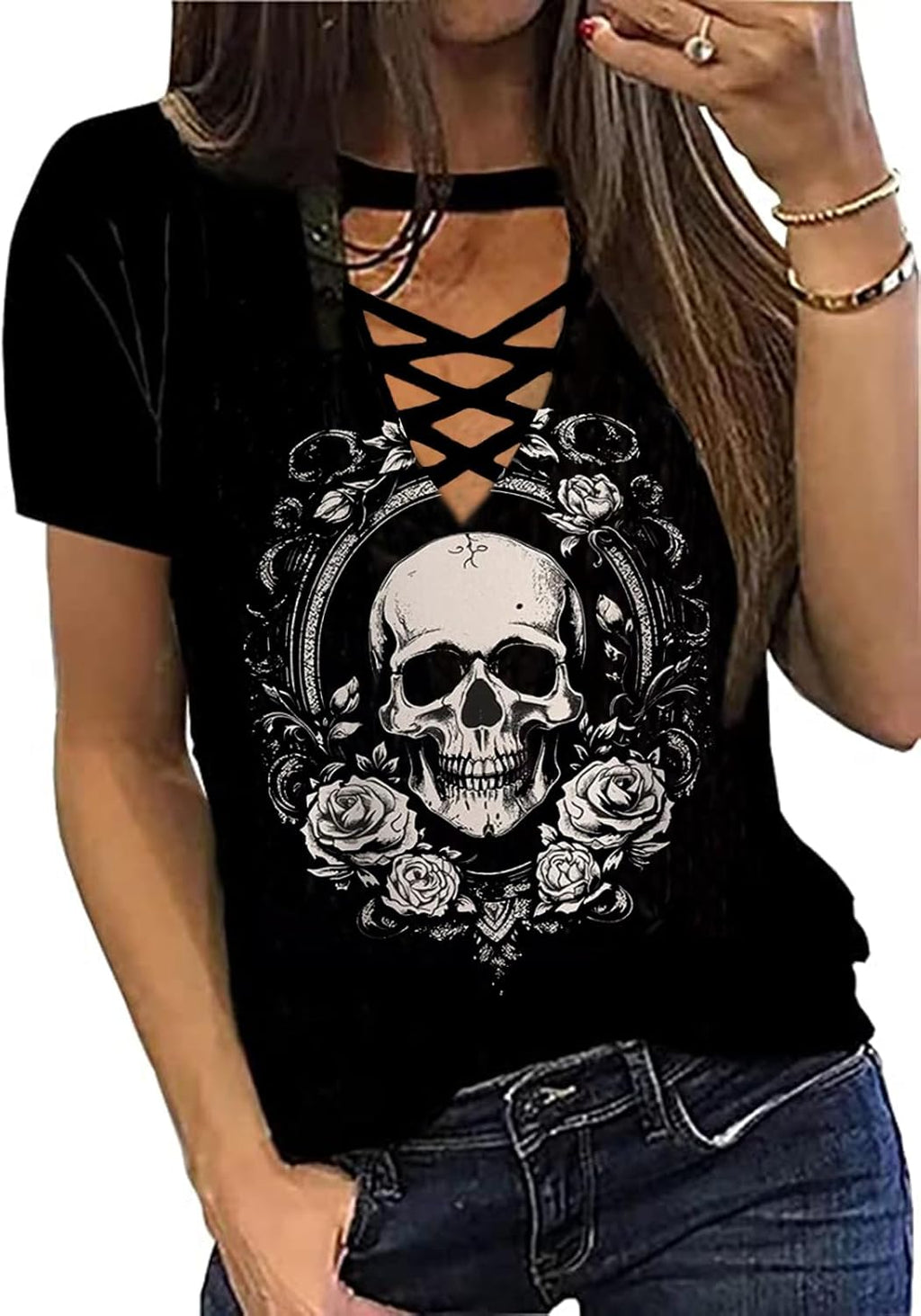 Cute Criss-Cross Hollow Out T-Shirt Women Funny Floral Graphic Print Shirt Casual Short Sleeve Vacation Tops