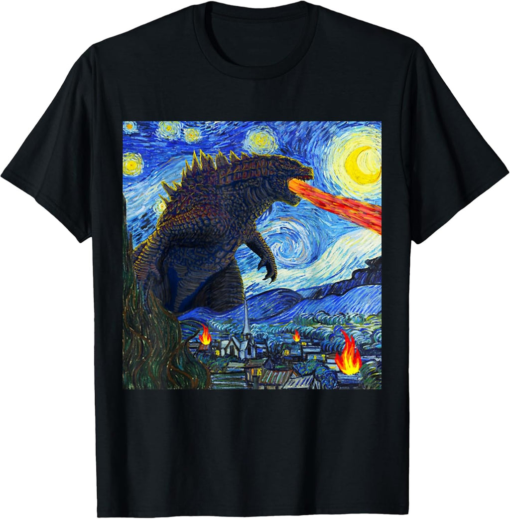 Vintage Japanese Monster Kaiju in Van Gogh Starry Night T-Shirt