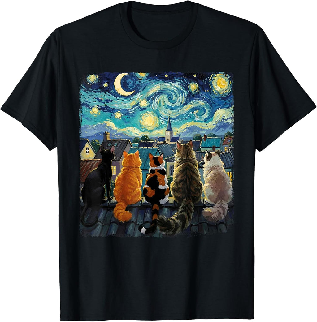 Funny Cat Starry Night Van Gogh Cats Rooftop Scene Feline T-Shirt
