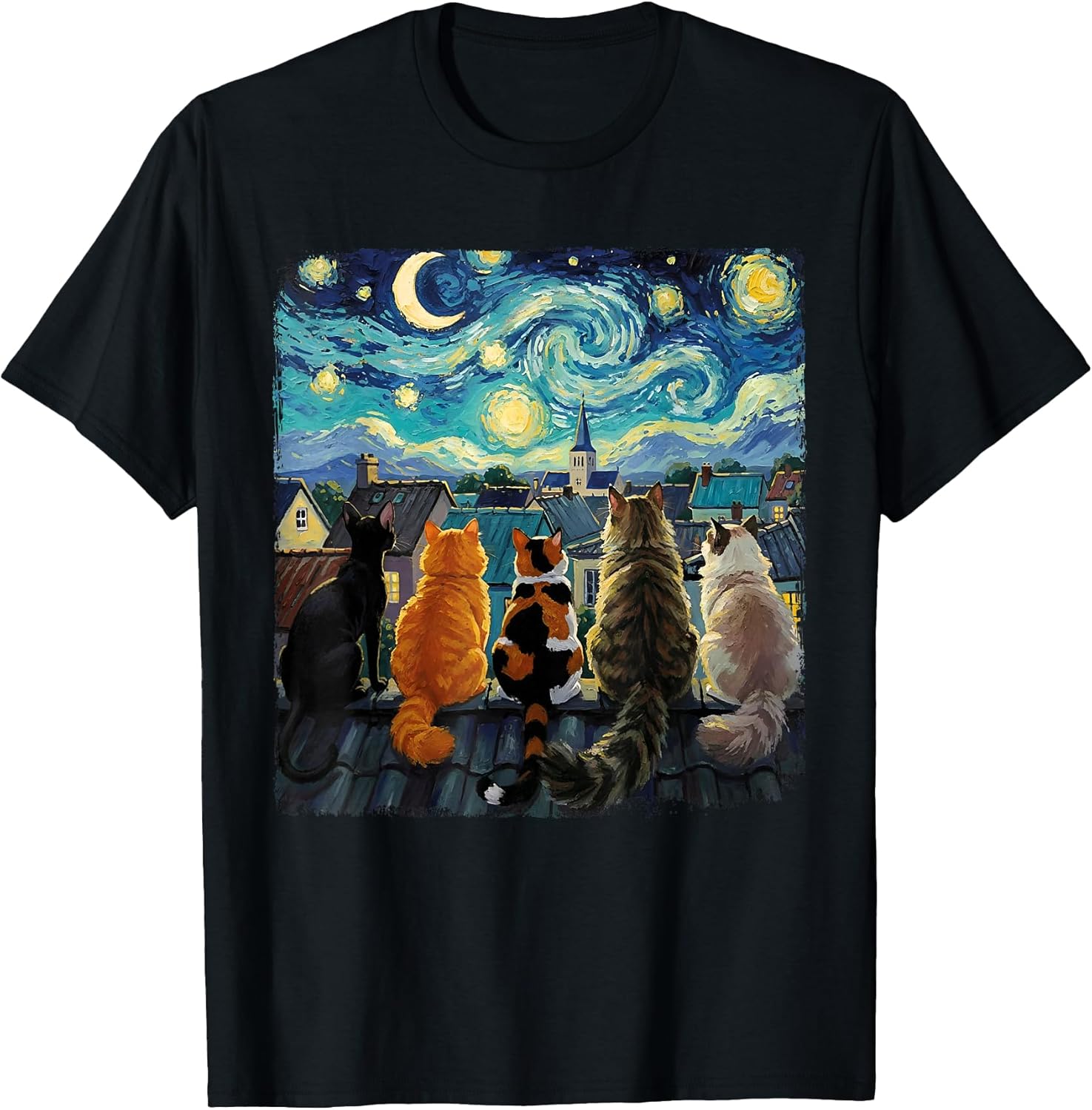 Funny Cat Starry Night Van Gogh Cats Rooftop Scene Feline T-Shirt