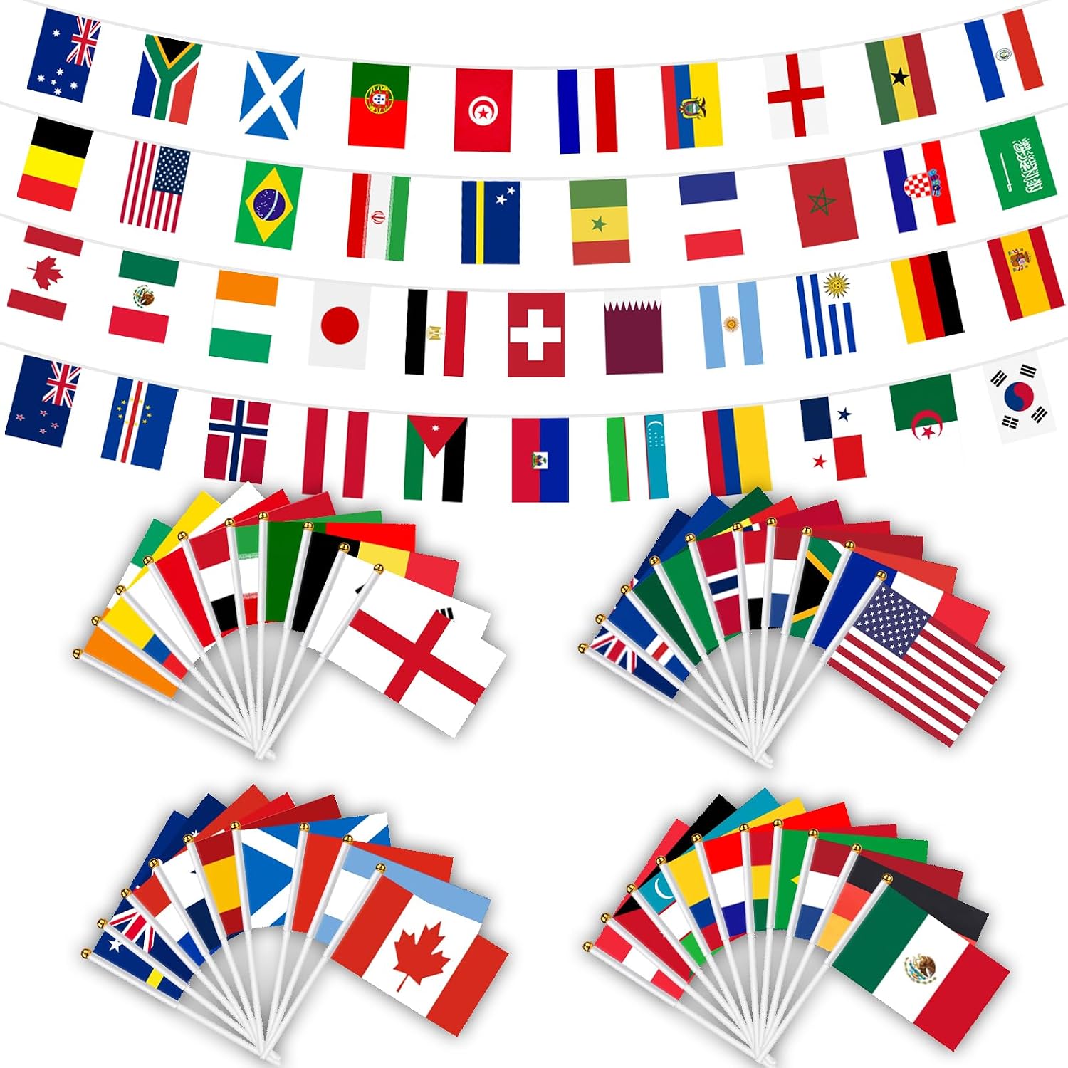 AhfuLife World Cup Handheld Flags & String Flag Set, 48 Countries Flags on Stick and 48 Pcs String Flag Banner for World Soccer Decorations - Double Side Polyester Fabric Flag for Olympic, Soccer International Party Decorations