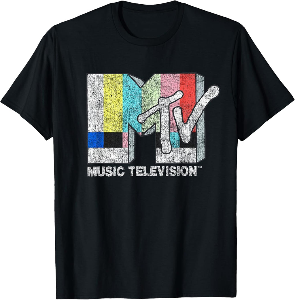 Classic Fit Black T-Shirt - Vintage TV Signal Logo, 100% Cotton, Adult Short Sleeve