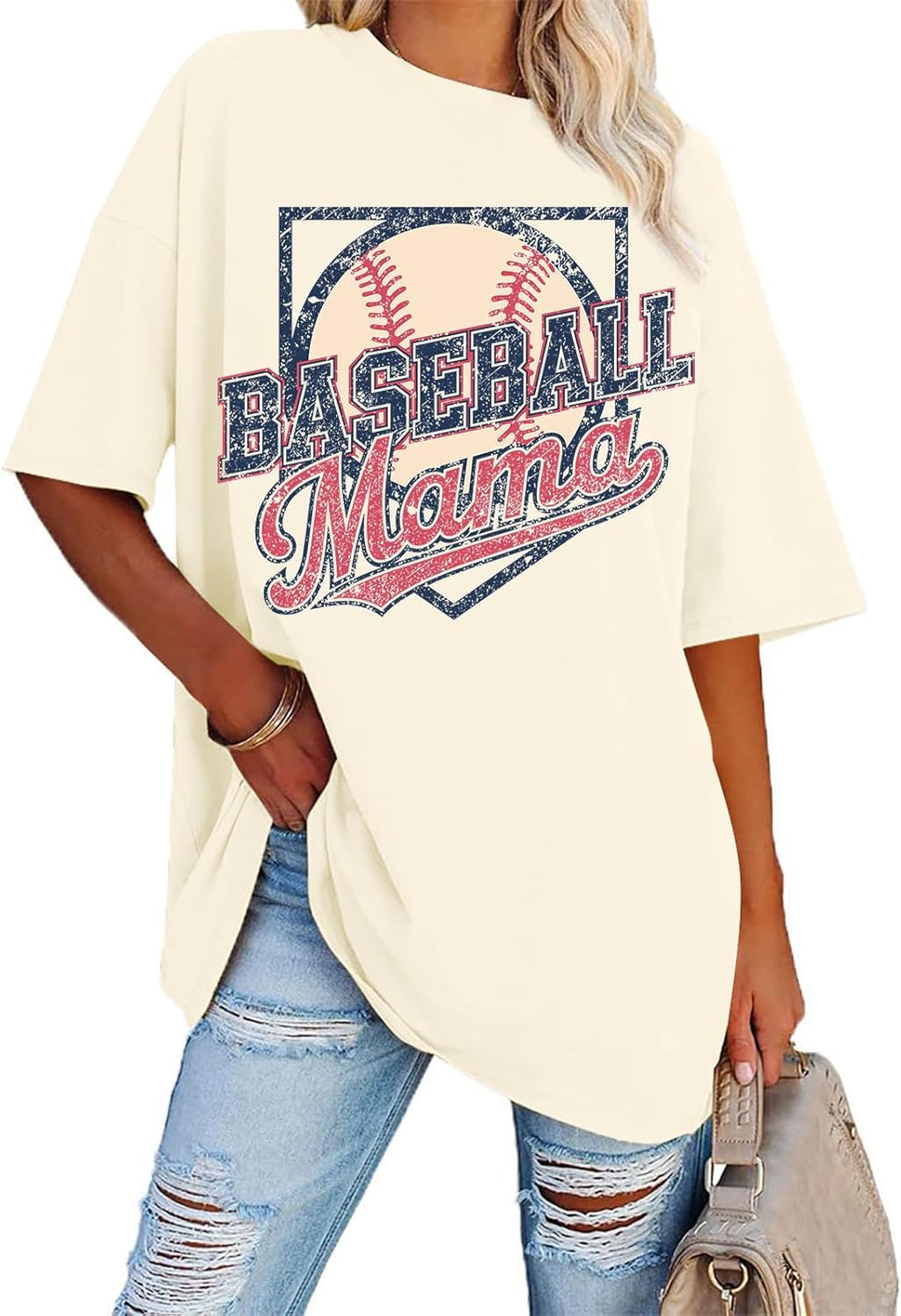 Retro Baseball Mama Shirt Women - Oversized Baseball Season Game Day Shirts Graphic Print Casual Short Sleeve Tee Tops