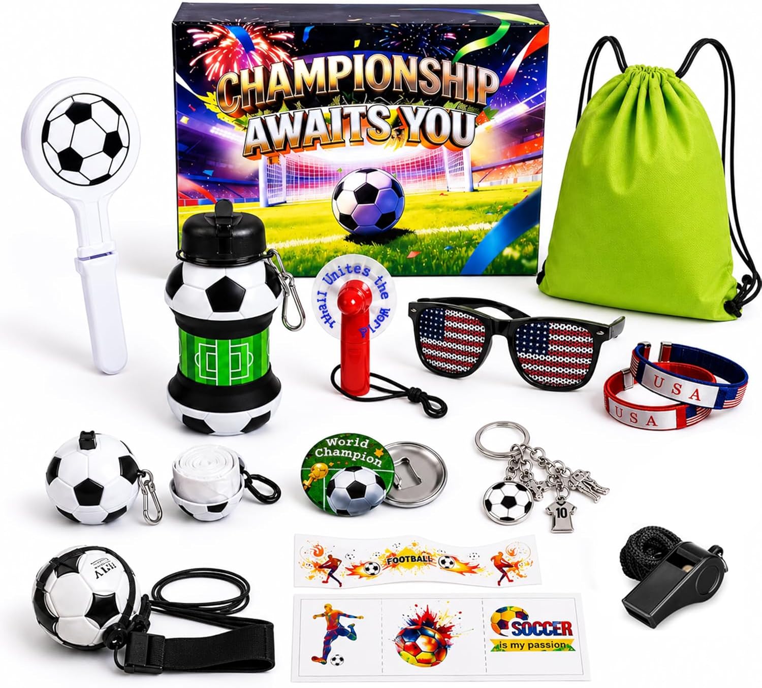 Teen Soccer Fan Gift Set, Great for Gifting During the 2026 World Cup, Collapsible Water Bottle, Handheld Fan, Drawstring Backpack, Rain Poncho & More – for School, Sports, and Match Day Viewing