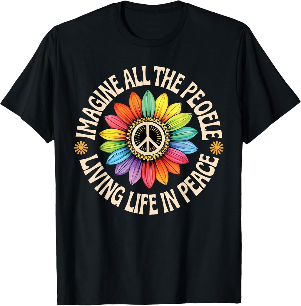 Retro Peace Flower Imagine All The People Boho Hippie 70s T-Shirt