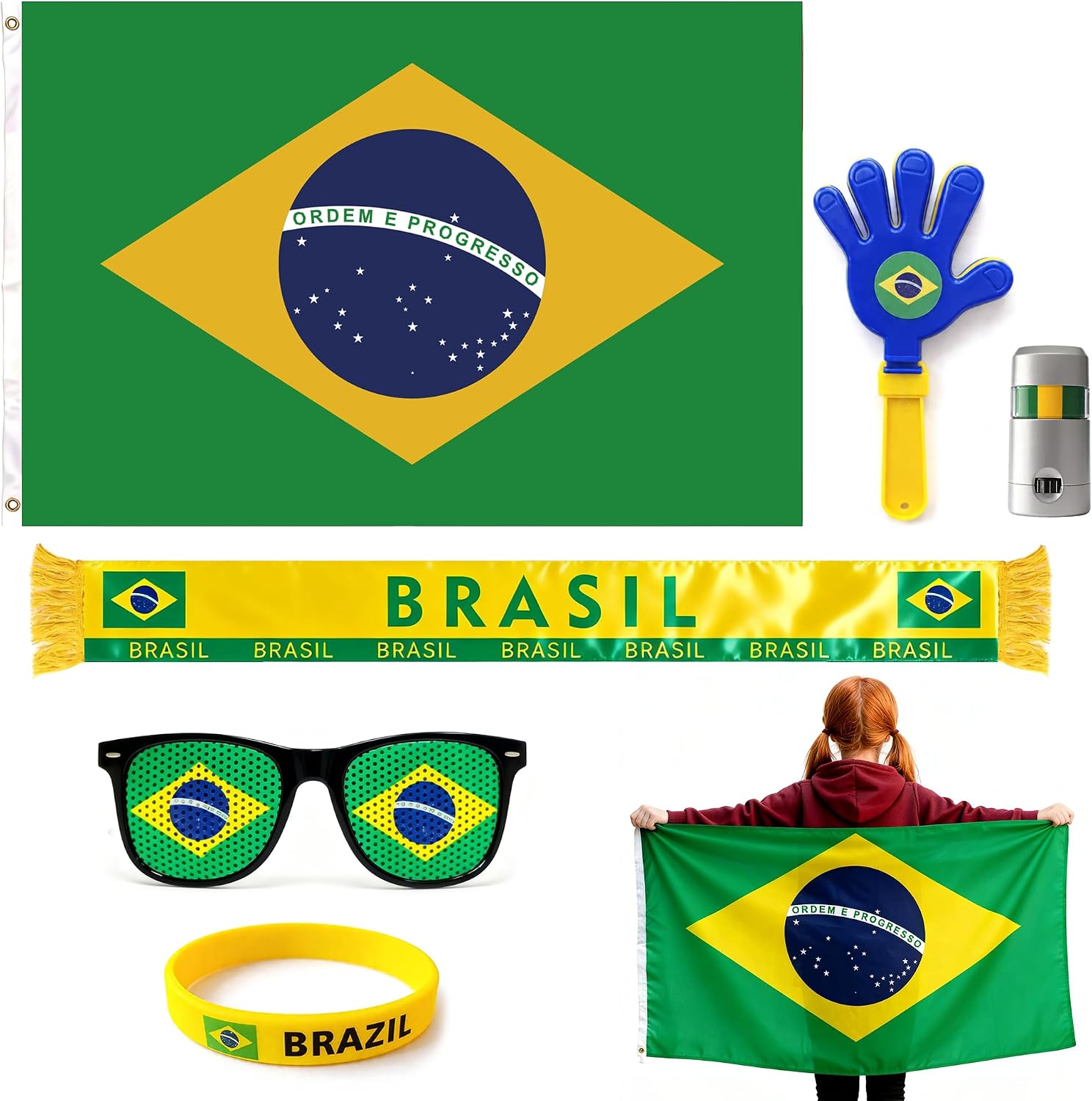 Brazil 2026 World Cup Fan Kit, 6 Pcs Cheering Set for Game Day Watch Party – Flag, Fan Scarf, Wristband, Flag Glasses, Hand Clapper, Blendable Face Paint Sticks