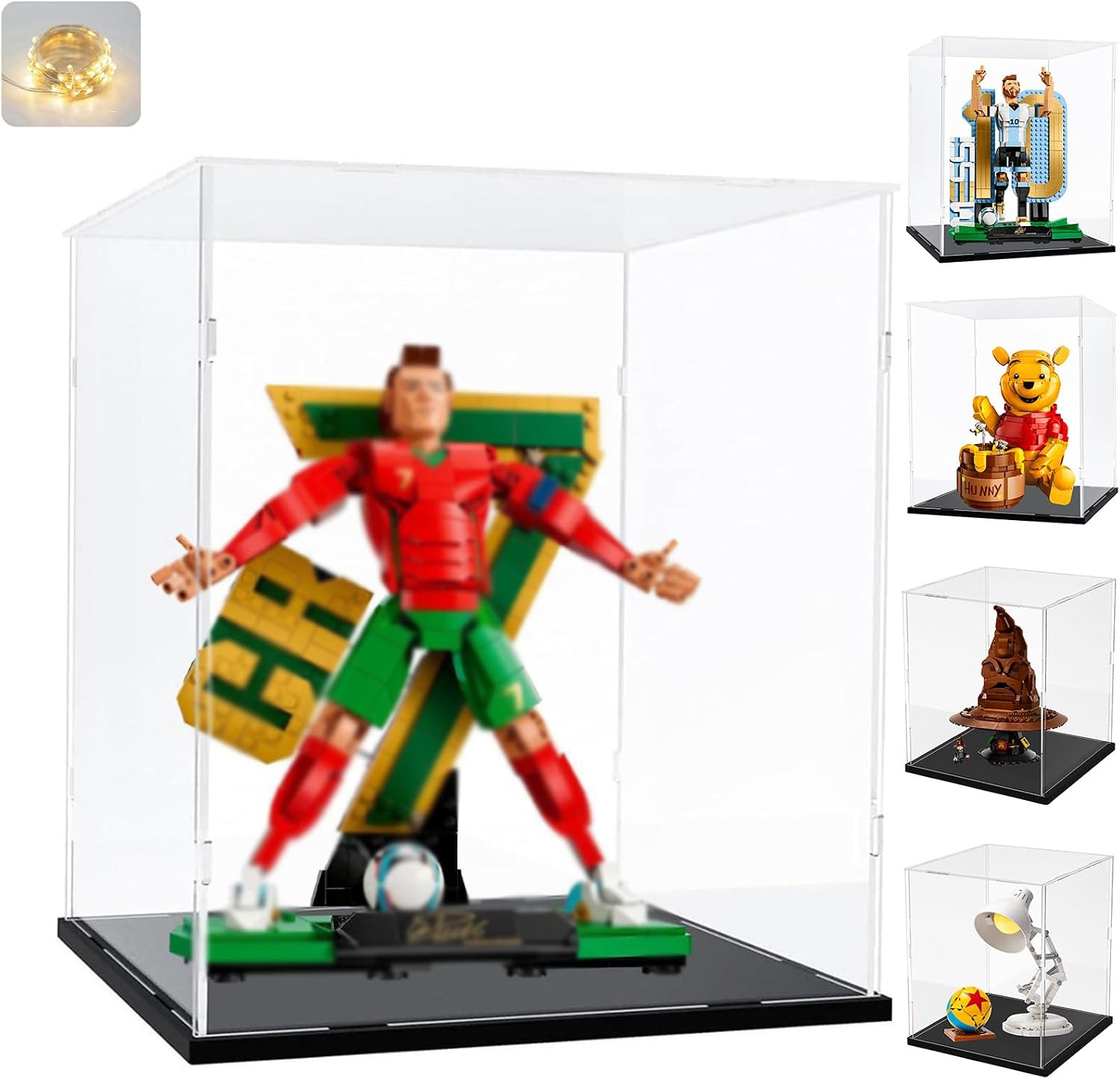 Clear Acrylic Display Case for Lego 43015 Messi 43016 Ronaldo Soccer Legend | for 43300 Winnie Pooh 76429 Talking Sorting Hat 21357 10338 43290 Collectibles, Transparent Box Black Inside 9.8x9.8x11.8 in