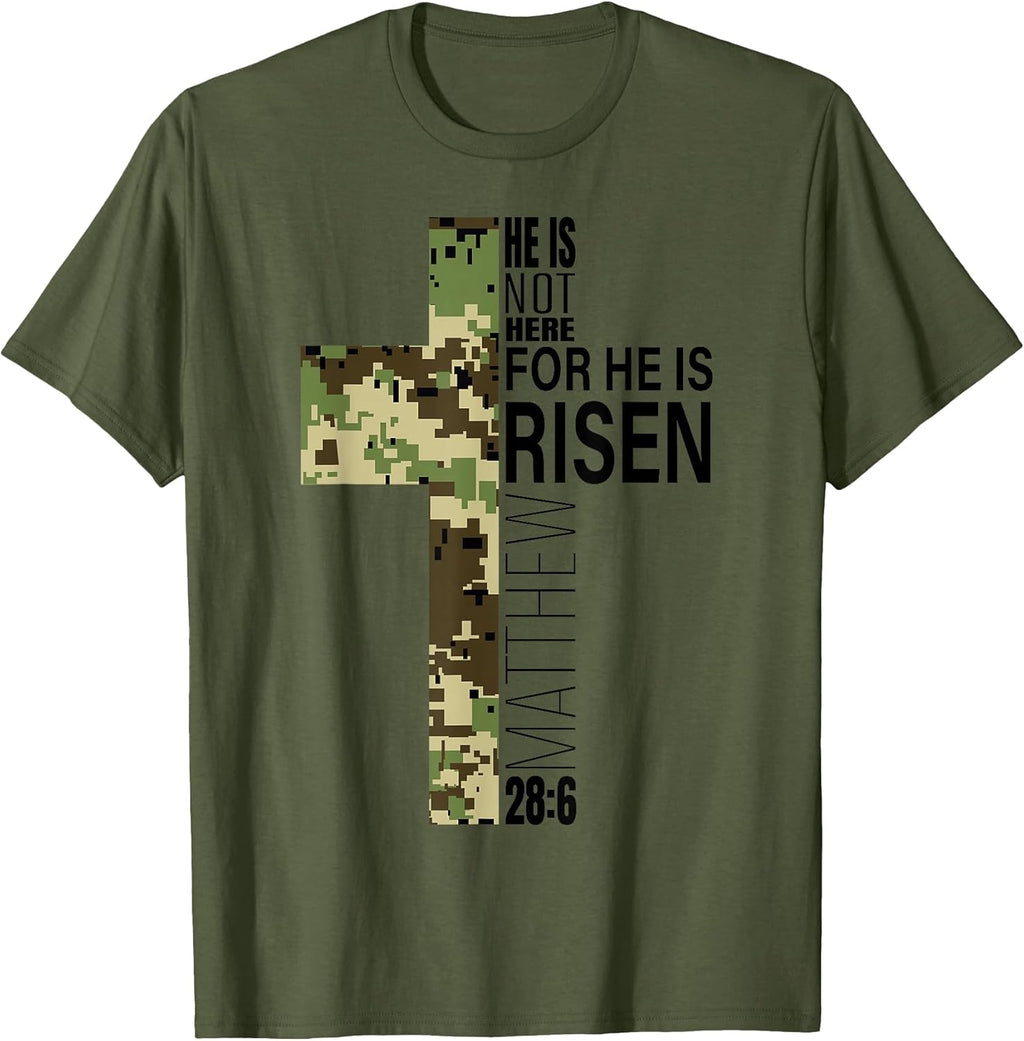 He is Risen Christian Easter Verse Green Camo Cross Men Boys T-Shirt Small