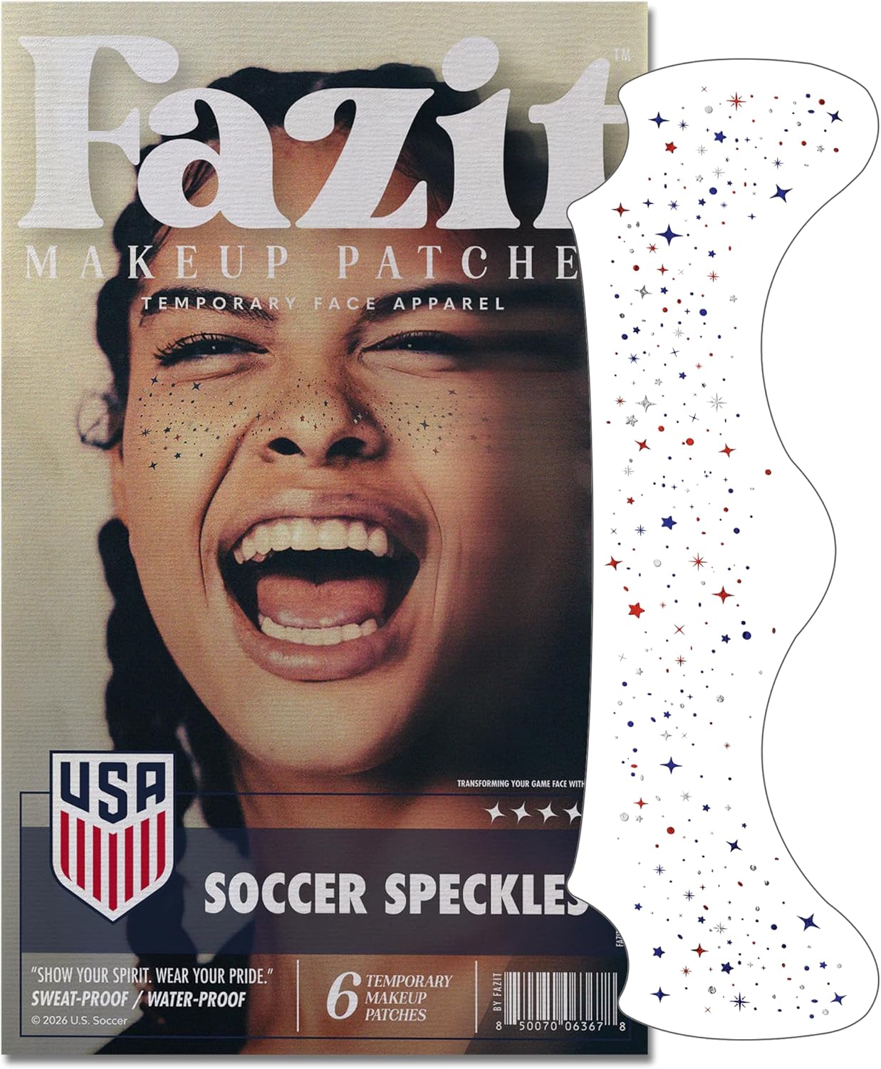 Fazit US Soccer Speckles – Red, Blue & Silver Glitter Makeup Patches – Waterproof & Sweat-proof Face Stickers – Long-Lasting Game Day Glam, USA Spirit - Easy Peel & Apply Face Decals for Fans (6 Pack)
