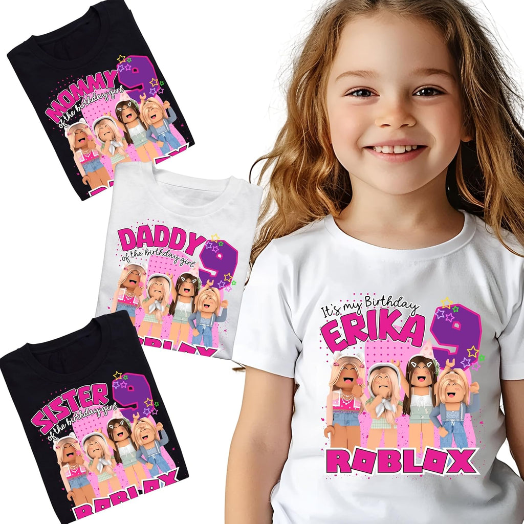 Custom Birthday Family Matching Shirts Family Personalized Shirts Robux Characters T-Shirts Video Games t-Shirt, Blocks Birthday Girl Shirt Camiseta personalizada de Video Juegos White,Black