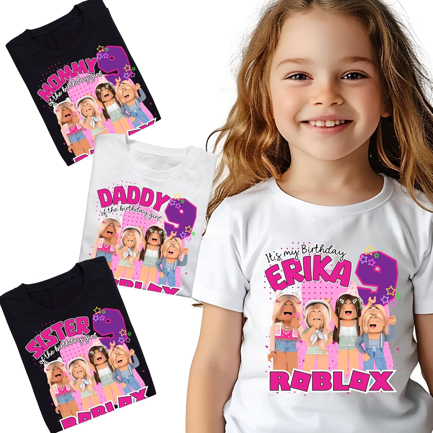 Custom Birthday Family Matching Shirts Family Personalized Shirts Robux Characters T-Shirts Video Games t-Shirt, Blocks Birthday Girl Shirt Camiseta personalizada de Video Juegos White,Black