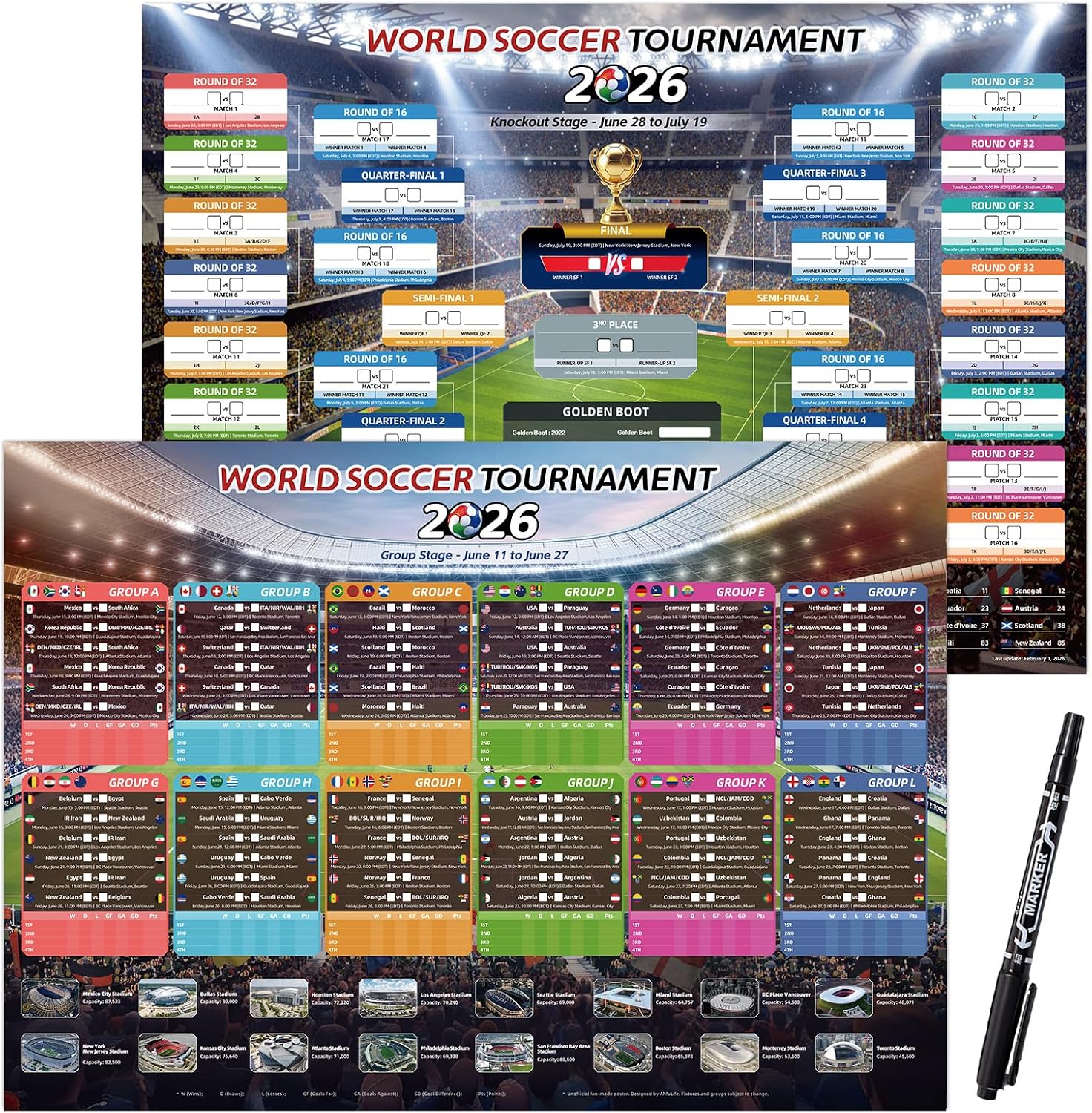 AhfuLife Large World Cup Tournament Schedule Poster, A2 Size-23.3" x 16.5", 2 Pcs Soccer Calendar Wall Chart Decorations, 2026 Soccer Tournament Wallchart for Fans Home Office Bar Party Decor (A2-Folded)