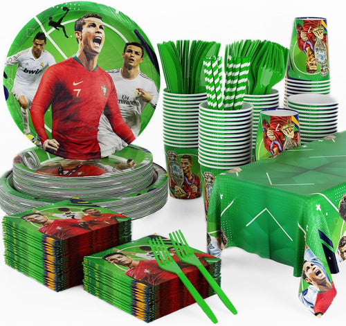 141pcs Soccer Ronaldo Party Supplies Pack Includes，Napkin，Plates,Tablecloth,Spoon,Straw,Kinfe,for Soccer Ronaldo party supplies