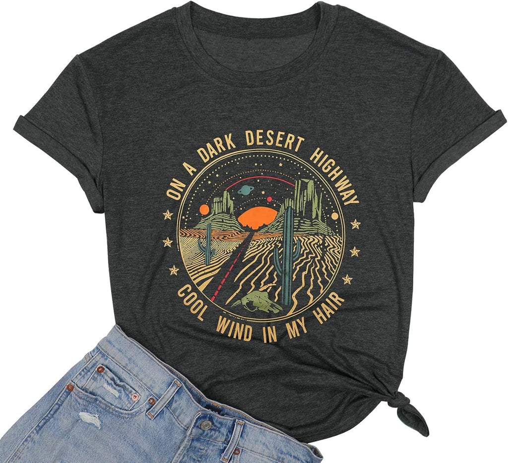 Adventure Shirts Women Retro Desert Highway T-Shirt Funny Western Graphic Tee Casual Short Sleeve Tee Tops