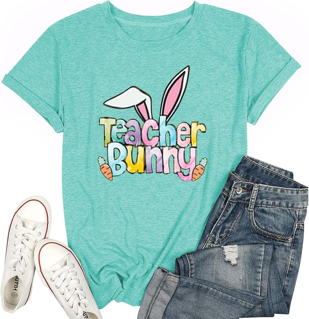 Teacher Bunny Shirts for Women Easter T Shirts Funny Rabbit Graphic Tees Teacher Casual Short Sleeve Top