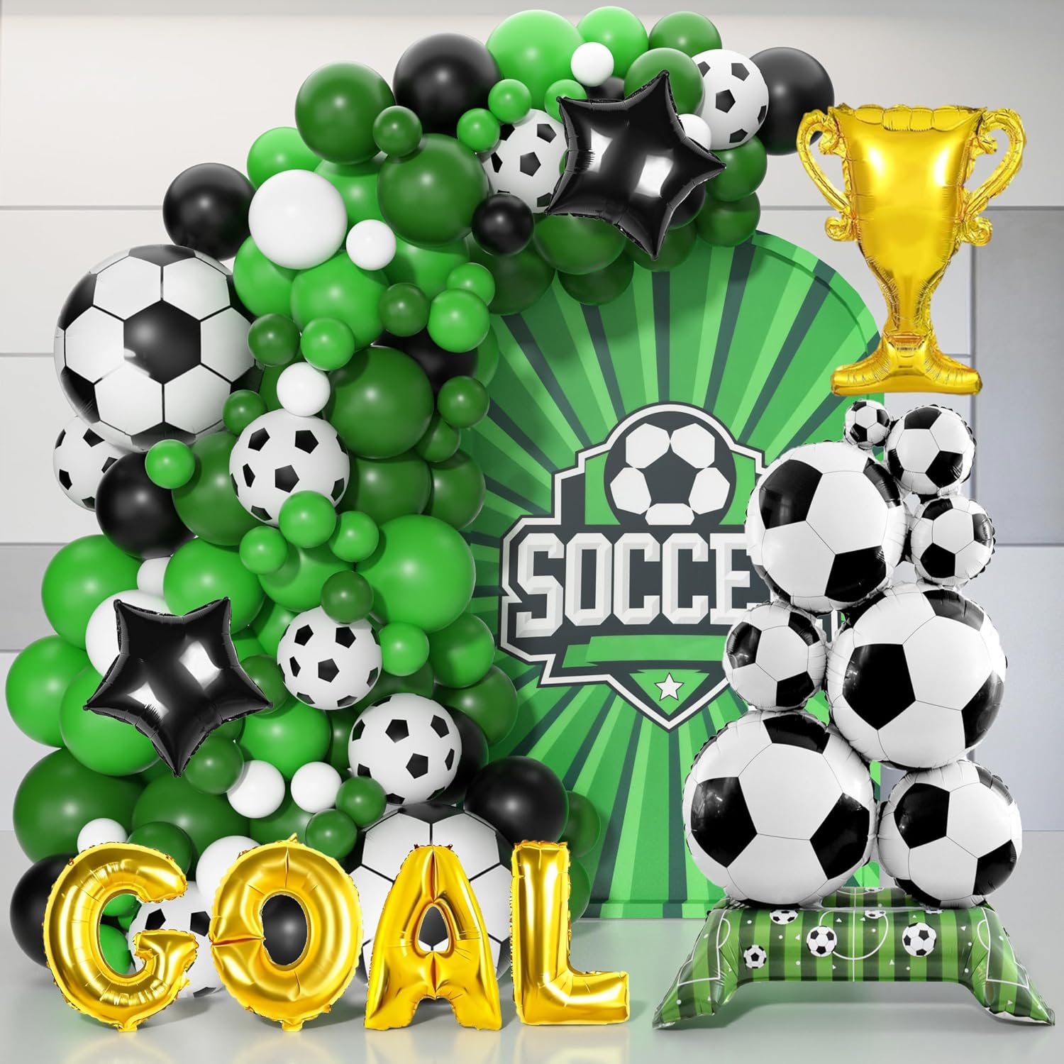 THAWAY Soccer Party Decorations - 120 Pcs Soccer Balloon Garland Arch with 5 ft Giant Self Standing Soccer Foil Balloon, Green White Black Balloons for Soccer Party Decorations, 2026 World Cup Decor