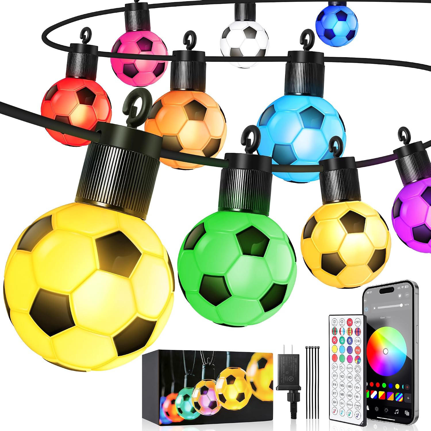 World Cup 2026 Soccer, Smart Outdoor String Lights | 50ft with 15 RGBW LED, Smart App Control, 16 Million Colors