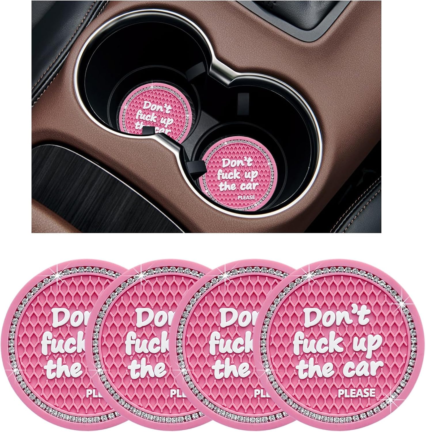 Ziciner 4 Pack Bling Car Cup Holder Coaster, 2.75 Inch Anti-Slip Auto Insert Cup Coaster, Crystal Car Drink Cup Mat Perfect for Women Girls, Universal Interior Decor Accessories (Pink)