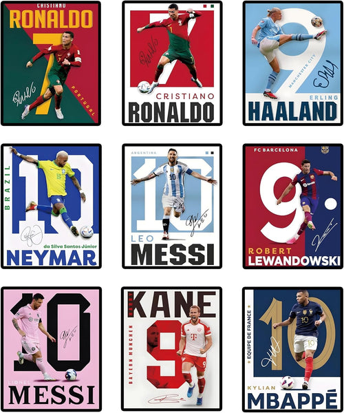 9 Sheets Soccer Posters(8"x10"), Famous Football Aces Messi Ronaldo Neymar, Decorative Canvases for Living Room Sport Room Wall Art, Unframed Posters Set