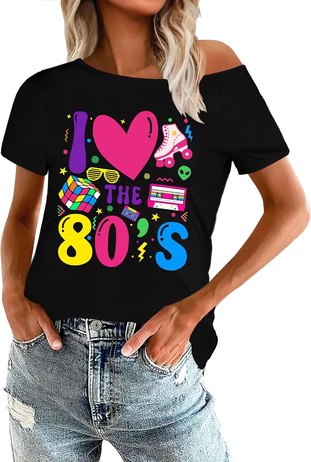 80s Shirts for Women Retro Off The Shoulder Top Disco 80s 90s Theme Party Outfit