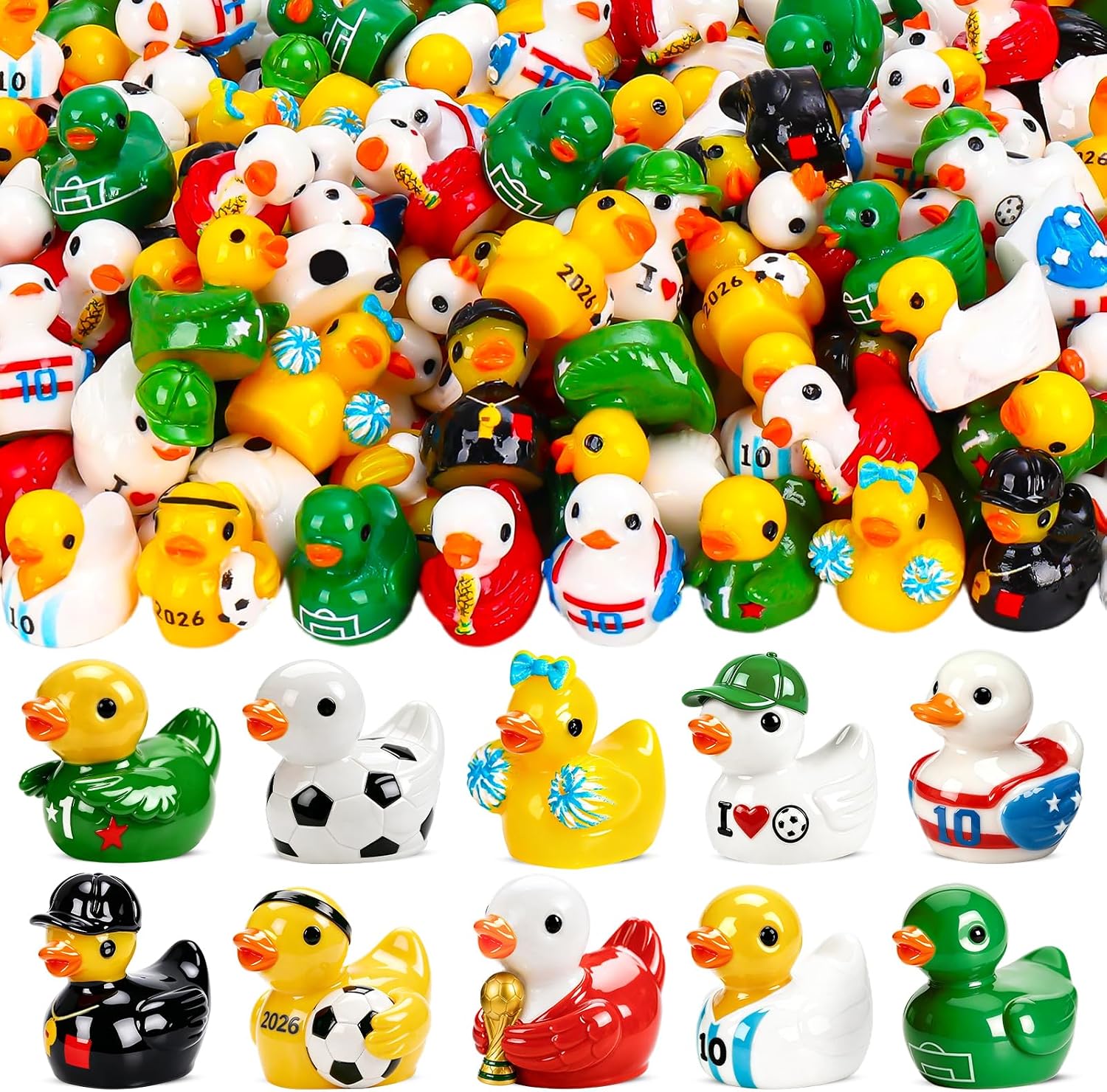 120Pcs World Soccer Cup Mini Resin Ducks 10 Style Sports Theme Miniature Soccer Ducks Bulk Player Referee Goalkeeper Tiny Duck Figures for Soccer Party Favors Desk Shelf Decor Sports Fans Gifts