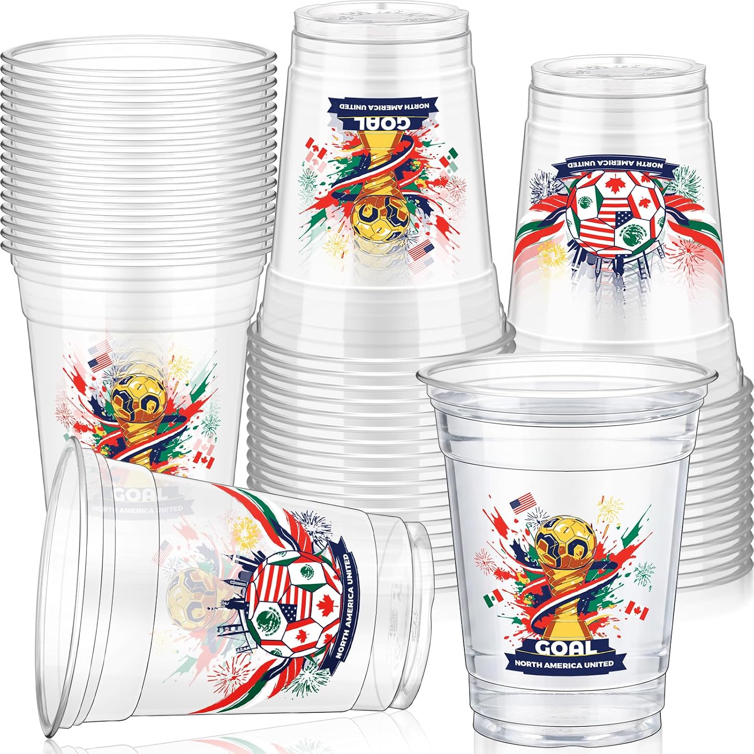 Jingmore 50 Pcs Soccer Plastic Cups 12 oz International Countries Soccer Disposable Plastic Cups Thick Clear Drinkware for Sports Games Party Supplies (Goal Trophy)