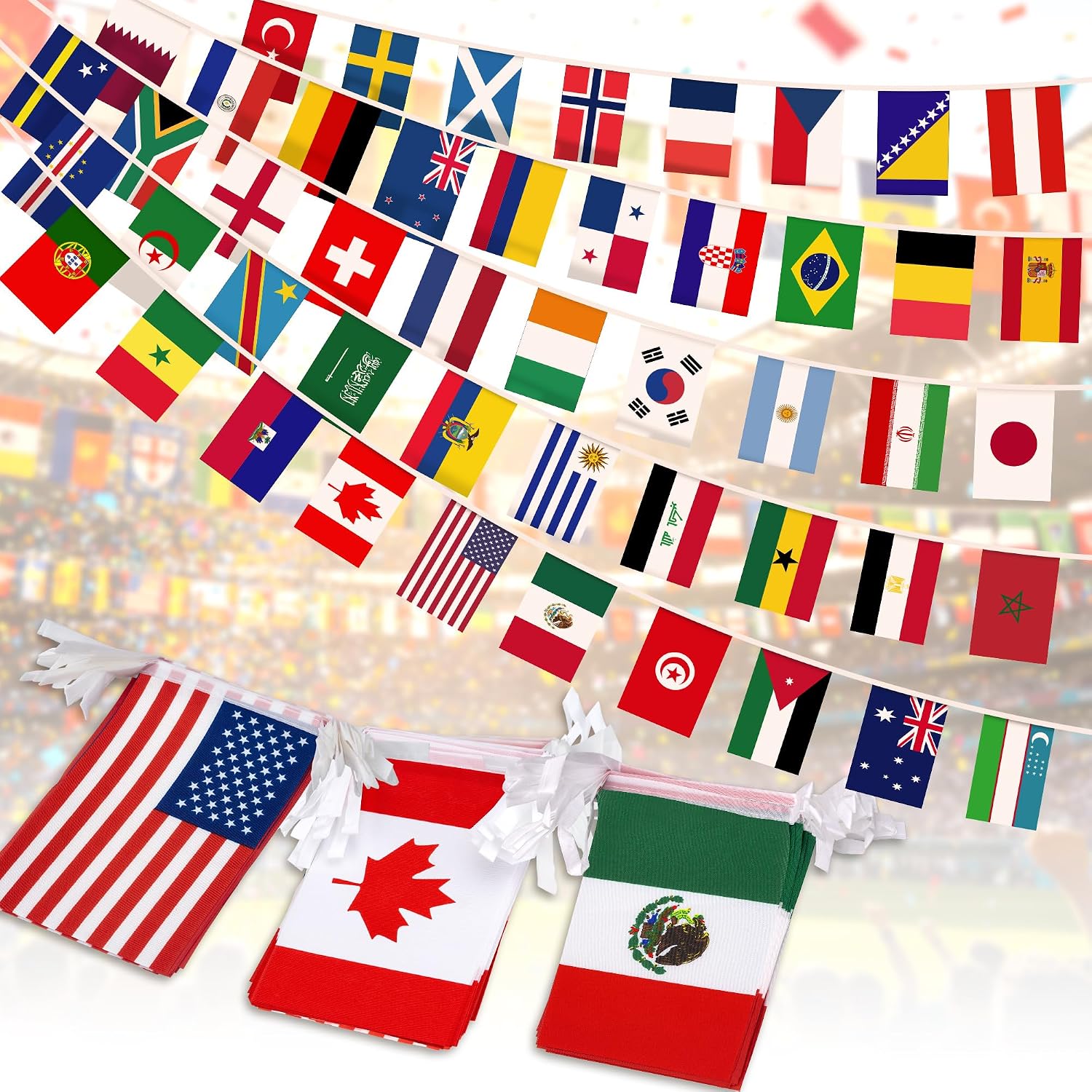 2026 World Cup Flag Banner, 48 Countries International Bunting, Soccer Tournament National String Pennant for Sports Bar, Club, Home Garden, Party Decorations, Banderas del Mundial (7.9" x 11"-60 ft)