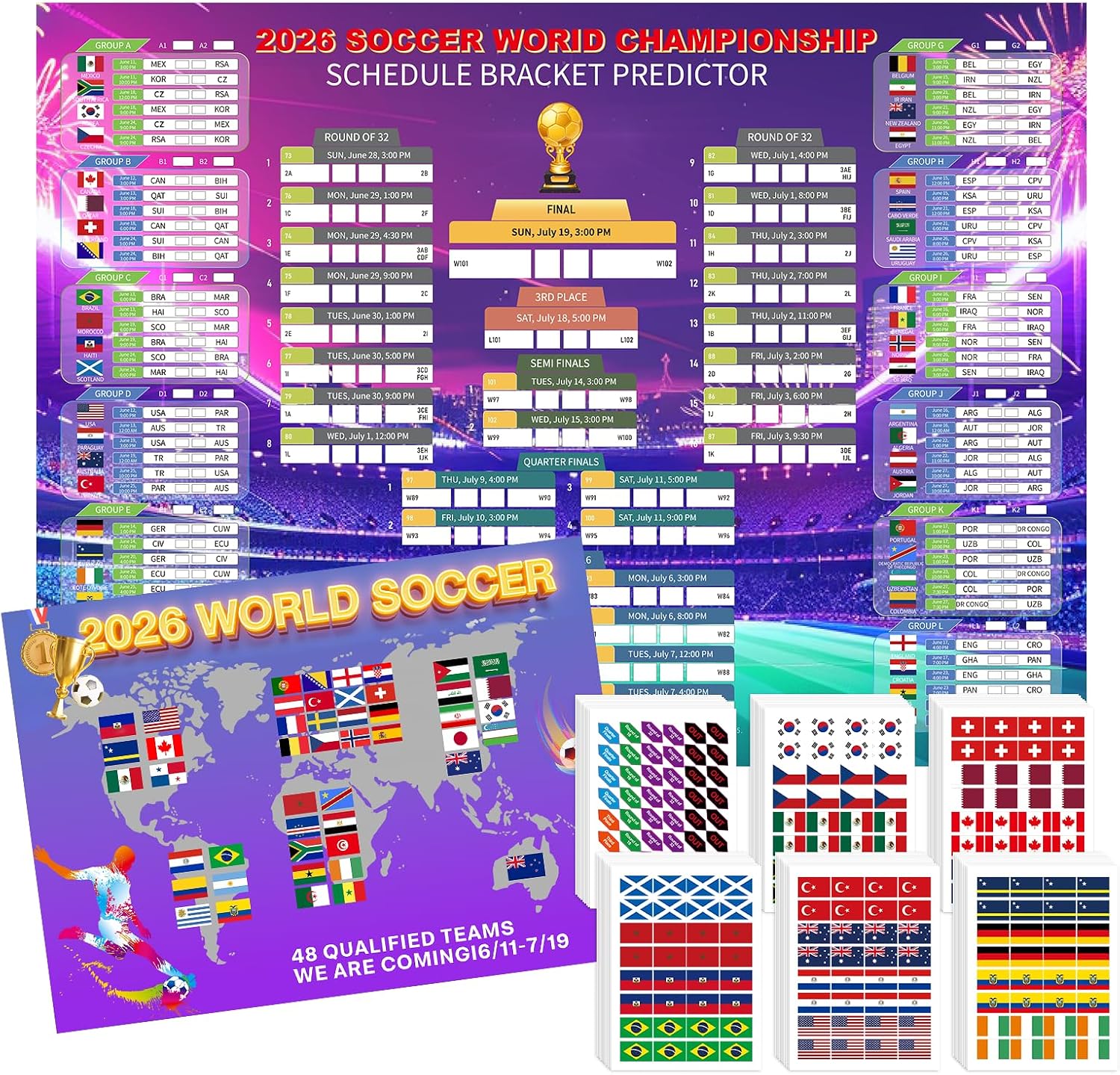 AOXFOXMAS 2026 World Soccer Cup Schedule Poster 43x32 Inch Stickers, Football Match Tracker,Sports Decor & Collectible Merchandise for Fans Party Supplies