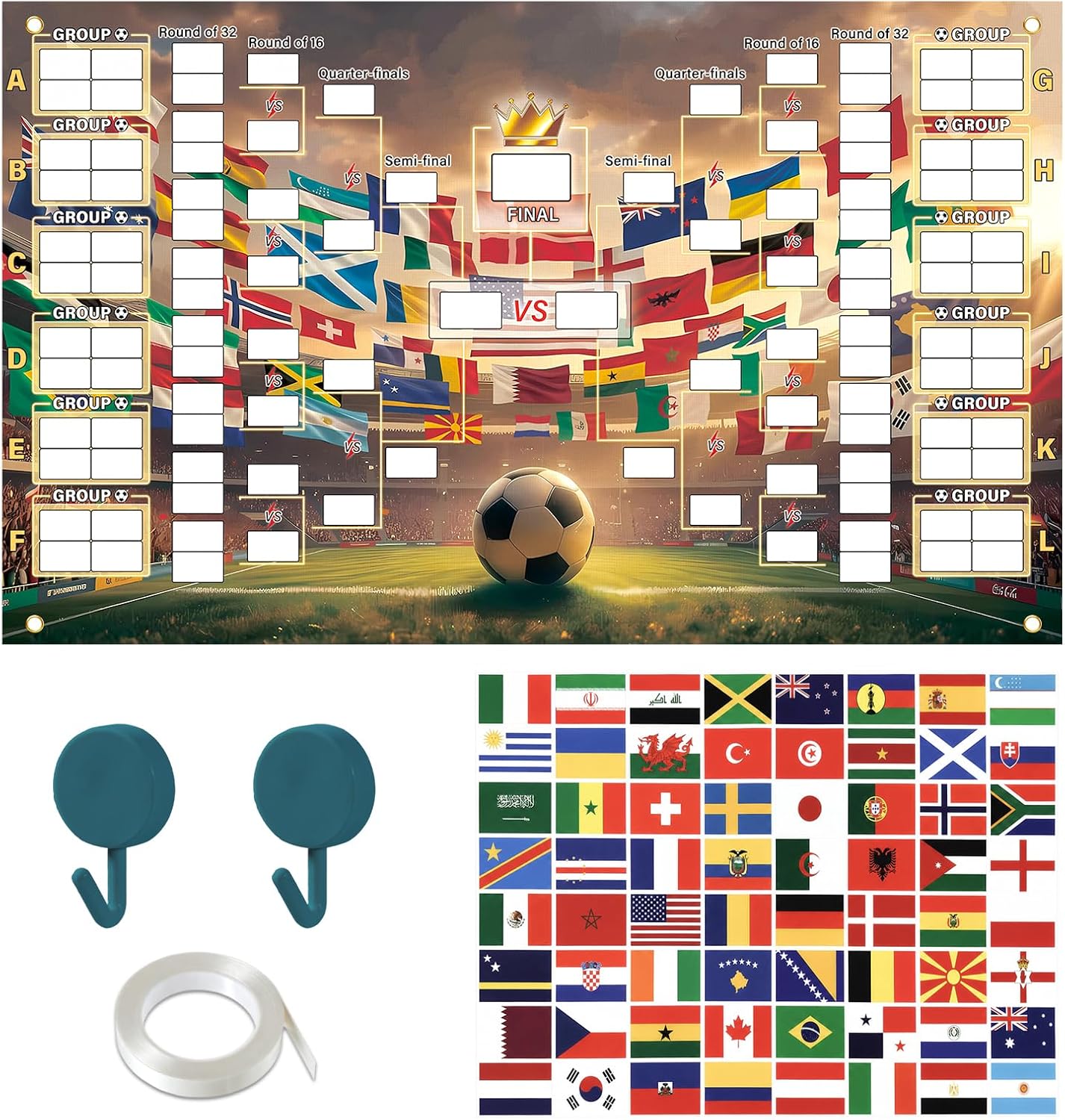 2026 World Soccer Cup Schedule Poster - 39.4×23.6 Inches, Soccer Tournament Bracket Wall Chart for Fans, Matches Wallchart Reusable National Flags Sticker & Hooks, Cup 2026 Merchandise for Soccer Fans, Brown