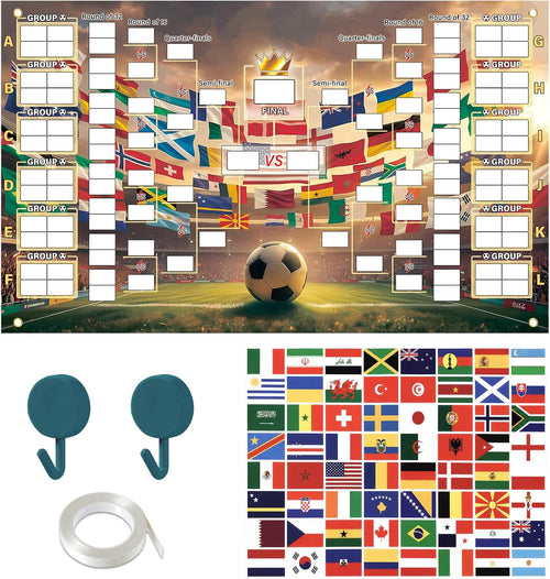 2026 World Soccer Cup Schedule Poster - 39.4×23.6 Inches, Soccer Tournament Bracket Wall Chart for Fans, Matches Wallchart Reusable National Flags Sticker & Hooks, Cup 2026 Merchandise for Soccer Fans, Brown