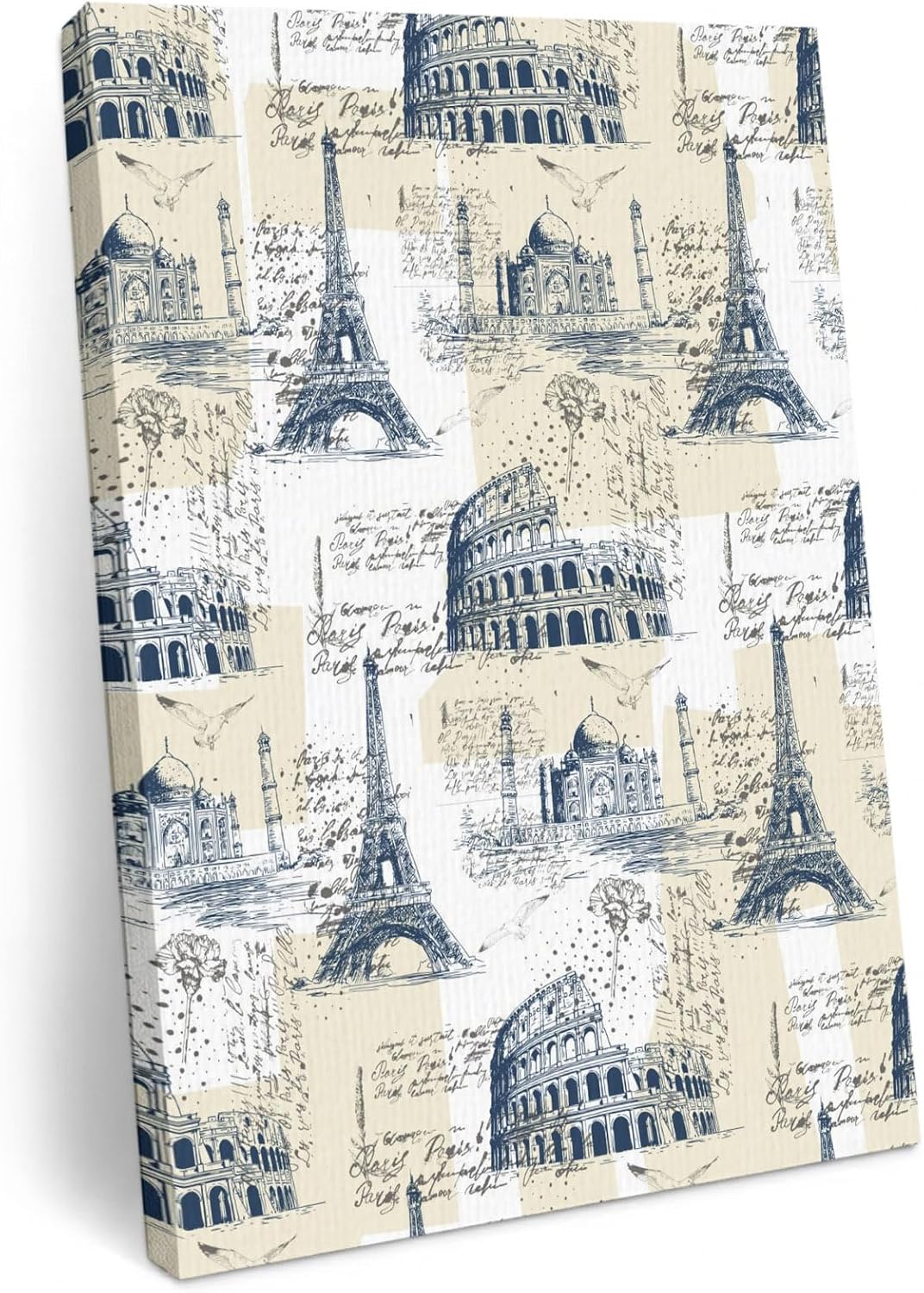 Ship Next Day - Blue Architecture Wall Art, Eiffel Tower Retro City Classical Beige Canvas Print Painting Artwork Picture for Wall Living Room Bathroom Bedroom Kitchen Office Dining Room Decor 24"x36"