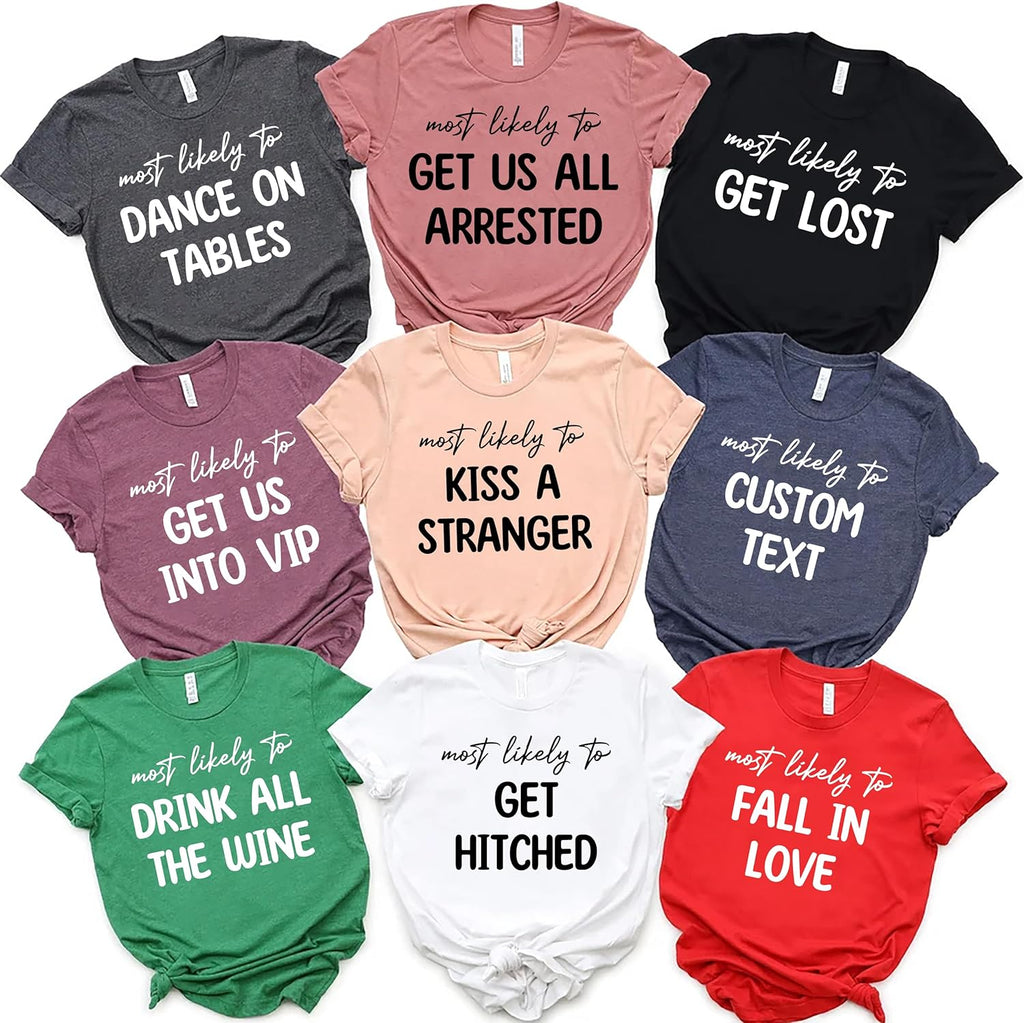 Most Likely to Matching Shirts - Funny Bachelorette & Group Halloween T-Shirts for Men & Women | Bring Home a Stray Cat Theme, Cheap Costumes, Graphic Family Fruit Cruise Tees Multicolor